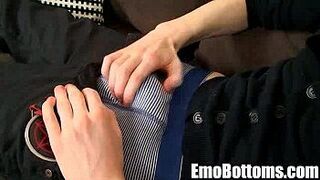 This sexy blonde emo twink is jerking his cock off - porn video