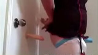 crossdresser fucks dildo on wall - porn video
