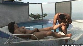 Tattooed tranny babe getting her cock sucked by a guy - porn video