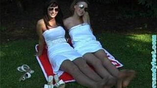 Emilie and Helen Outside in Pantyhose - porn video